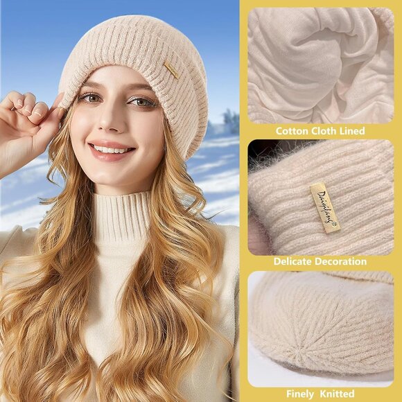 Womens Warm Knit Beanie Hat Thick Cotton Lined Slouchy Skull Cap Fall Winter - Picture 2 of 7